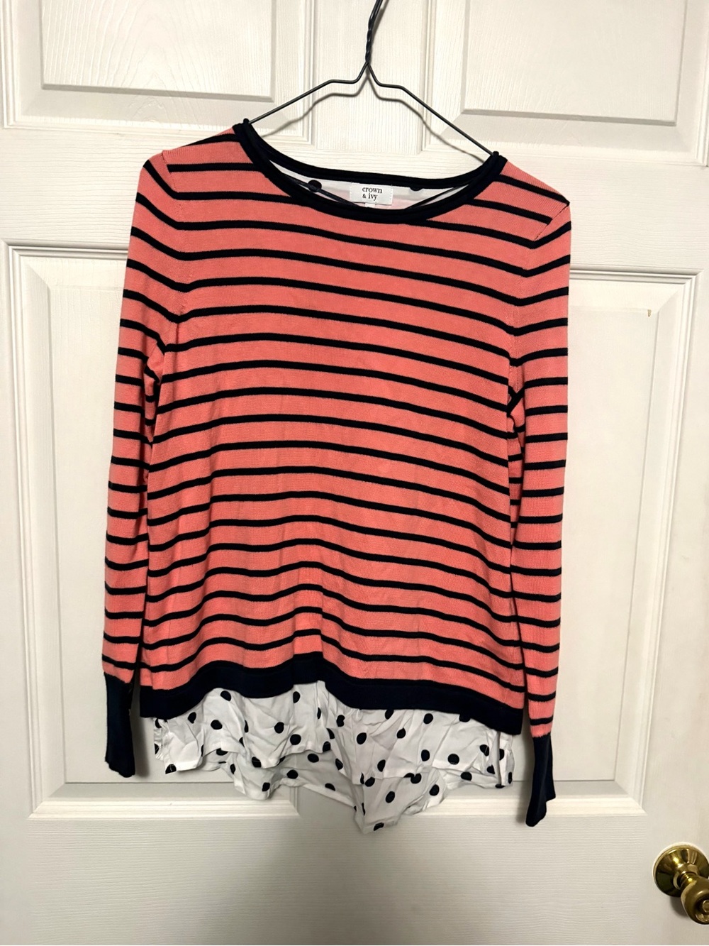 crown & ivy Coral and Black Striped Long-Sleeve Top with Polka-Dot Ruffle